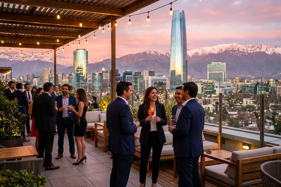 Cóctel corporativo en una azotea de Santiago al atardecer, con la Costanera Center y la cordillera nevada de fondo