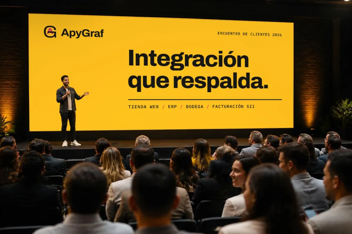 Lanzamiento en un auditorio: un orador presenta ante ejecutivos frente a una gran pantalla amarilla con la marca ApyGraf y el mensaje Integración que respalda